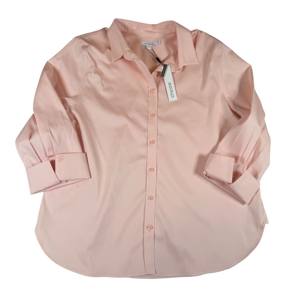 NEW Chicos No Iron Stretch Solid Shirt Porcelain Rose Pink 3/4 Sleeve 2.5 L/XL